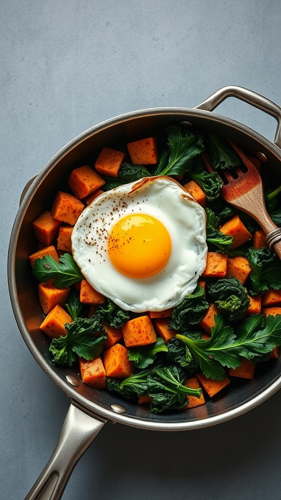 A colorful Sweet Potato and Kale Hash with a fried egg on top.