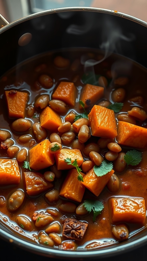 A delicious Sweet Potato and Lentil Curry simmering in a pot, showcasing vibrant orange sweet potatoes and earthy lentils.