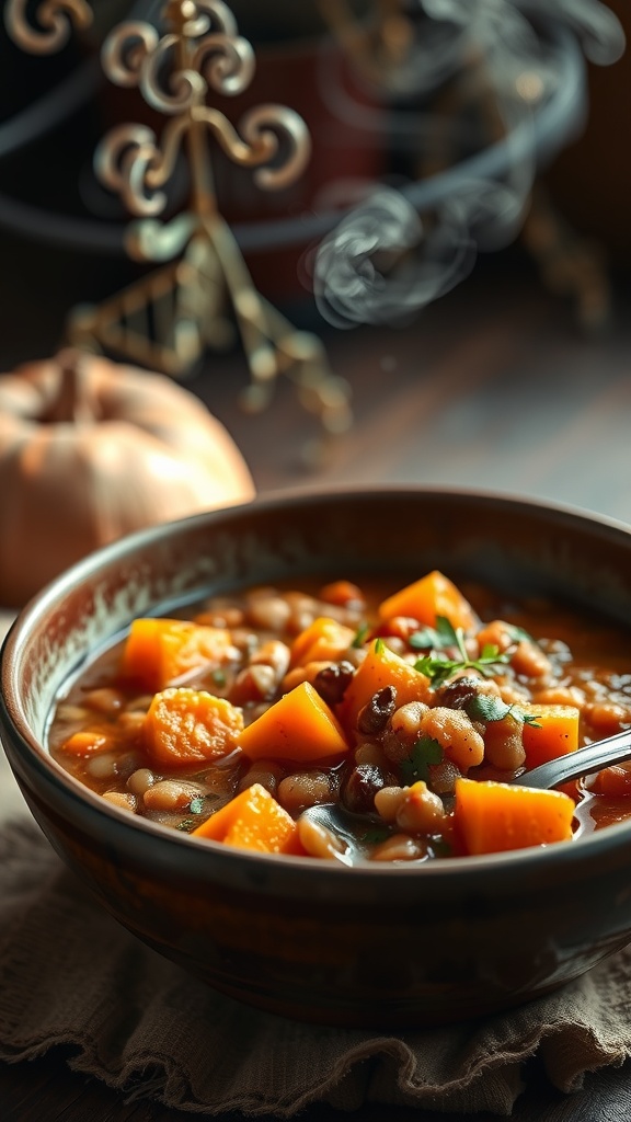 Bowl of sweet potato and lentil stew with chunks of sweet potato and lentils, garnished with parsley.