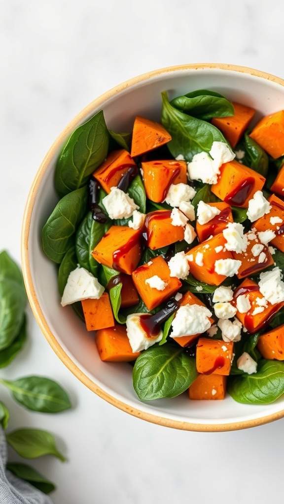 A healthy meal prep bowl featuring roasted sweet potatoes, fresh spinach, and crumbled feta cheese.