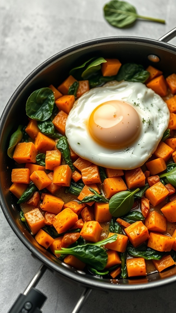 A skillet filled with sweet potato and spinach hash topped with a fried egg.
