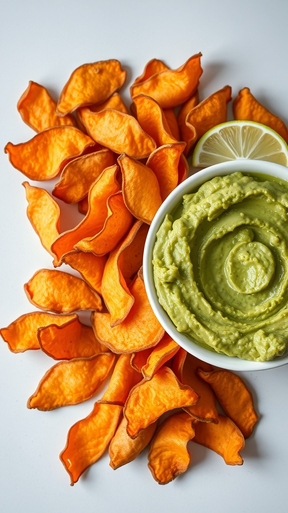 A bowl of guacamole next to crispy sweet potato chips, garnished with a lime wedge.