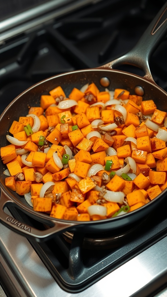 A skillet filled with diced sweet potatoes and onions cooking on the stove.