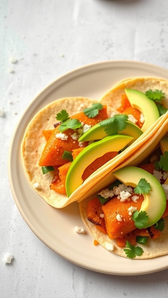 Sweet potato tacos with avocado, cilantro, and feta on a plate.