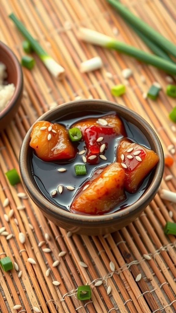A bowl of sweet teriyaki glaze with sesame seeds and colorful toppings