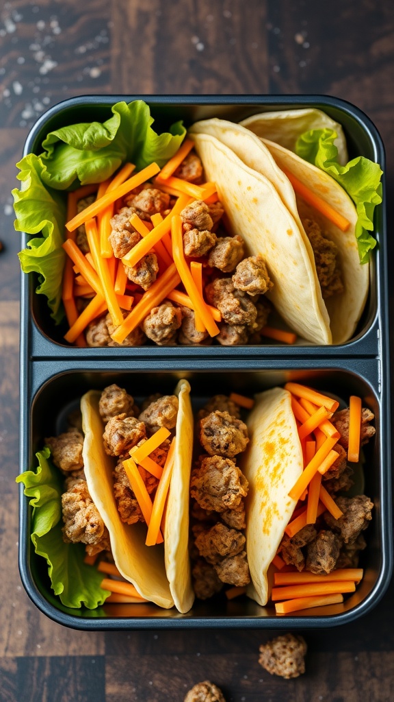 Colorful taco-inspired bento box with tortillas, seasoned meat, and fresh vegetables.