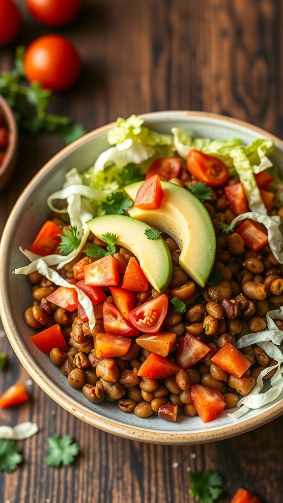 A bowl of taco-style lentil bowl topped with avocado, cherry tomatoes, and lettuce