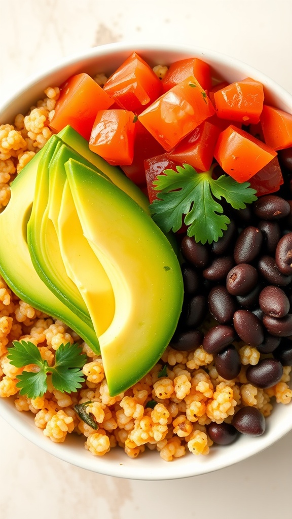 Taco-style quinoa bowl with black beans, avocado, and diced tomatoes.