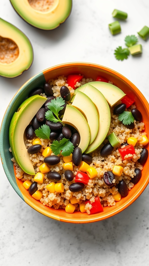 A colorful Taco-Style Quinoa Bowl featuring quinoa, black beans, corn, red peppers, and avocado slices.