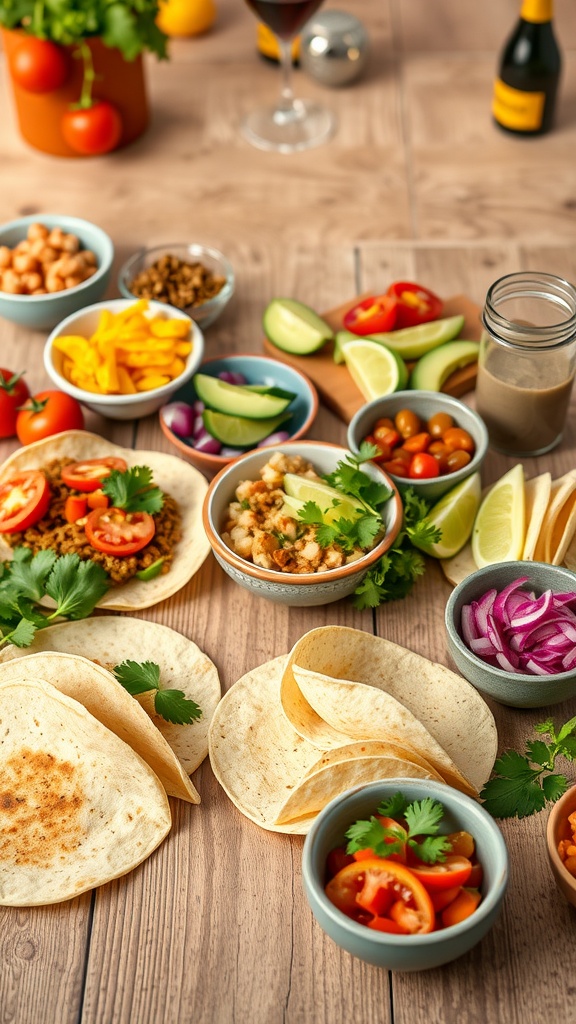 A colorful taco bar with tortillas, toppings, and ingredients