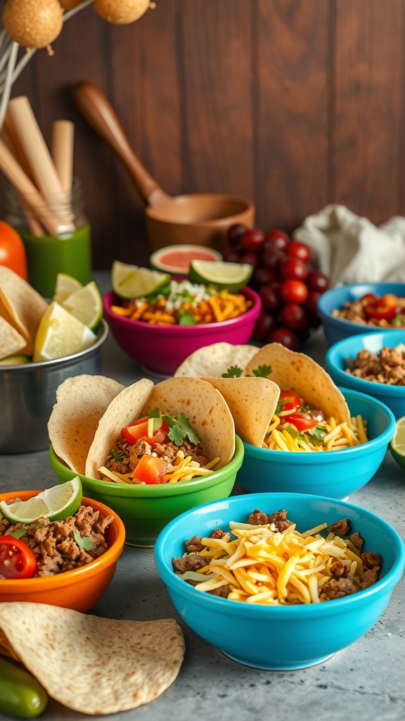 A colorful taco bar setup with tortillas, ground meat, cheese, and fresh toppings.
