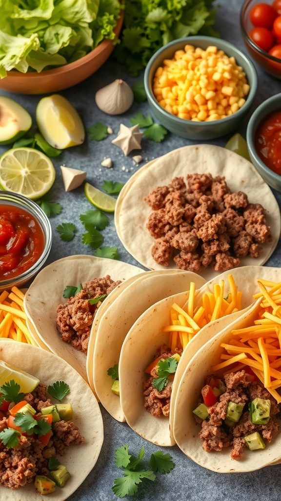 Taco bar setup with ground beef, tortillas, and assorted fresh toppings.