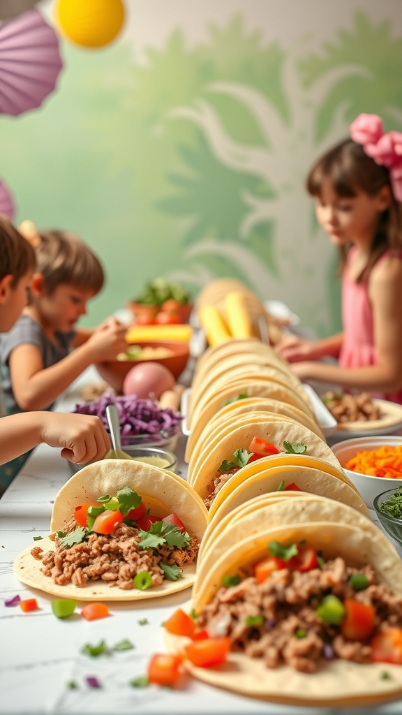 A colorful taco bar with tortillas, seasoned meat, and various toppings, with kids enjoying their meal.