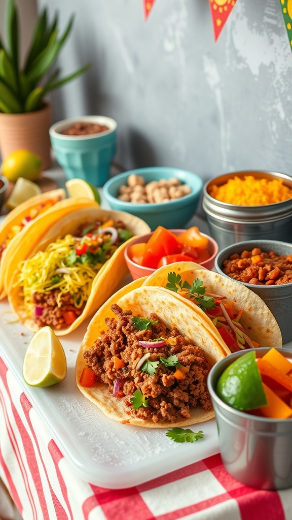 A taco bar setup with seasoned ground beef, tortillas, and various toppings.
