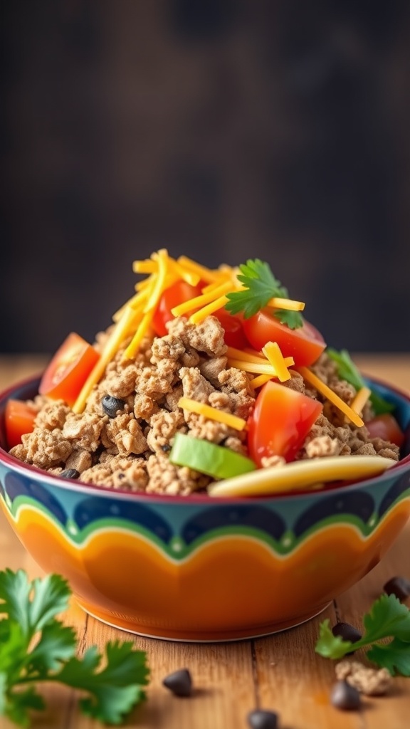 A colorful taco bowl filled with ground turkey, tomatoes, green peppers, and shredded cheese.