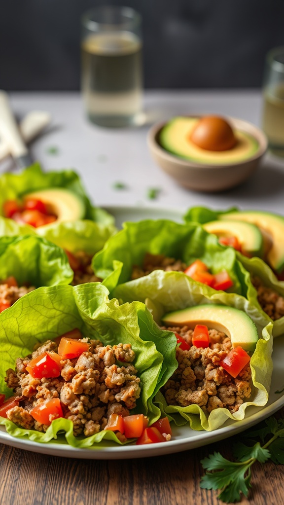 A plate of taco lettuce wraps filled with seasoned meat, diced tomatoes, and avocado slices.