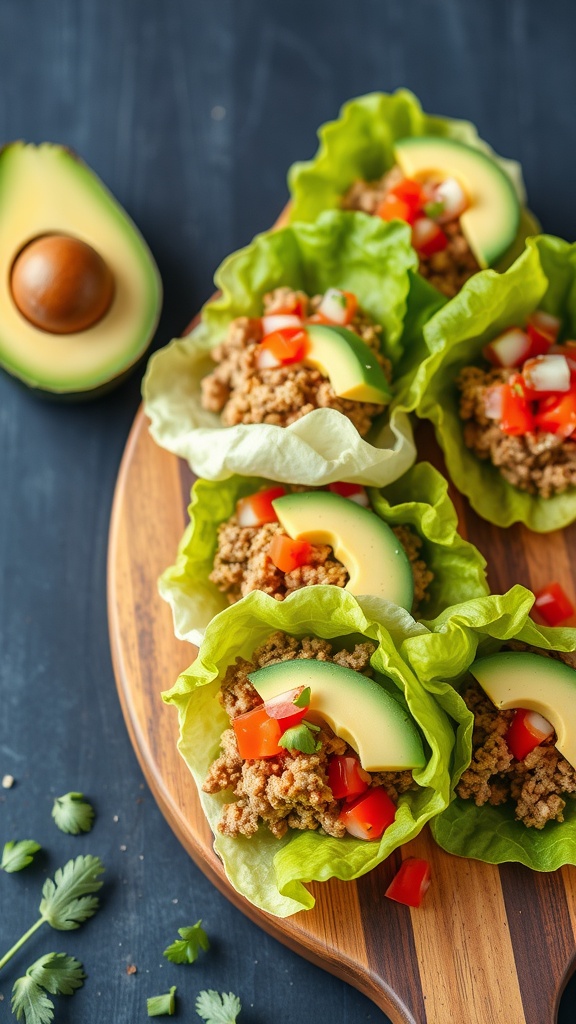 Taco lettuce wraps with ground turkey, tomatoes, and avocado on a wooden platter.