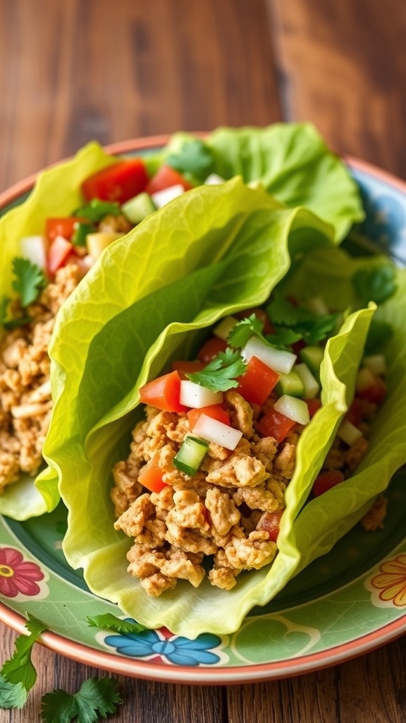 Taco lettuce wraps filled with ground turkey, tomatoes, and cucumbers on a colorful plate.