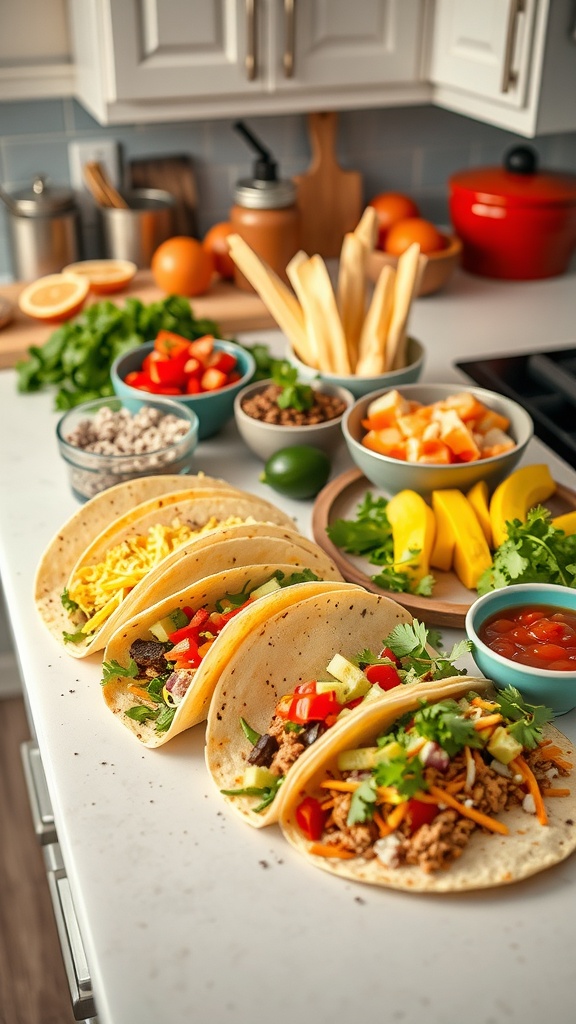 A colorful taco night setup with tortillas, toppings, and ingredients ready for assembly.