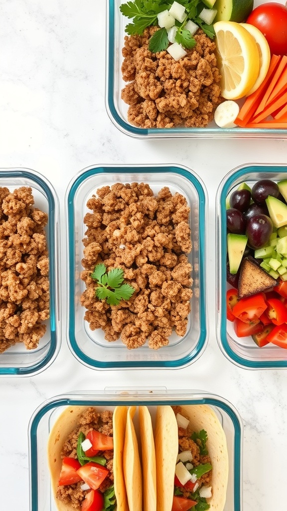 Meal prep containers with taco filling, fresh vegetables, and taco shells.