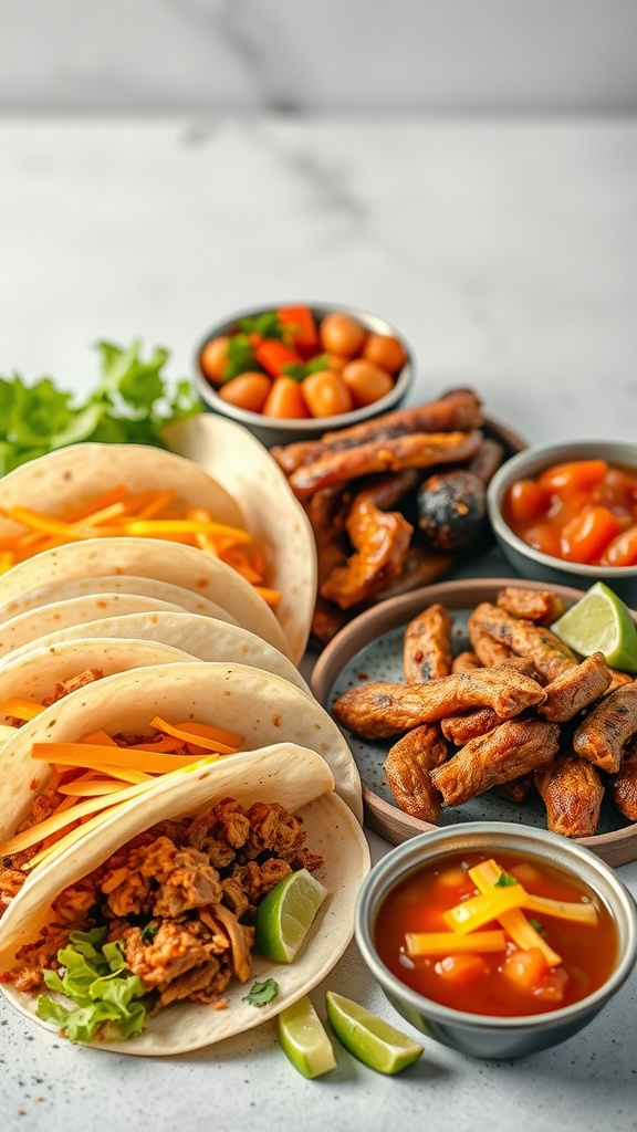 A colorful spread of taco ingredients including tortillas, seasoned meat, cheese, and fresh veggies.