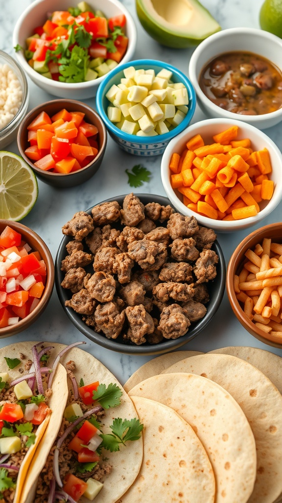 Taco night setup with soft tortillas and colorful toppings