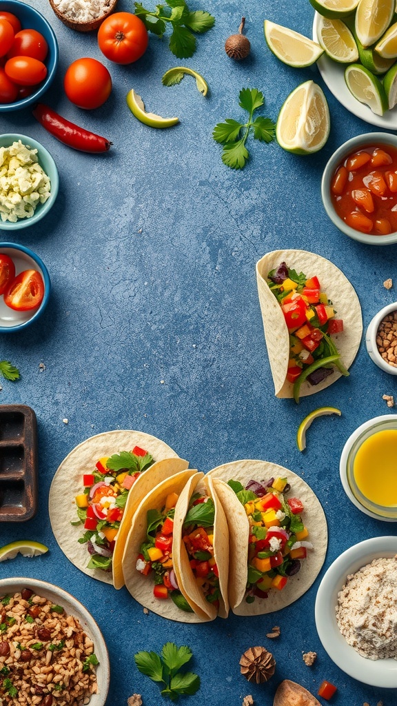 A variety of taco ingredients and toppings on a blue table.