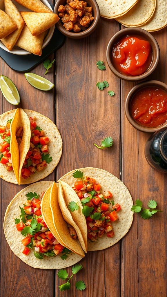 A colorful spread of tacos with fresh ingredients, salsa, and lime on a wooden table.