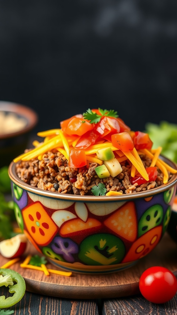 A colorful taco rice bowl topped with ground meat, cheese, tomatoes, and veggies.