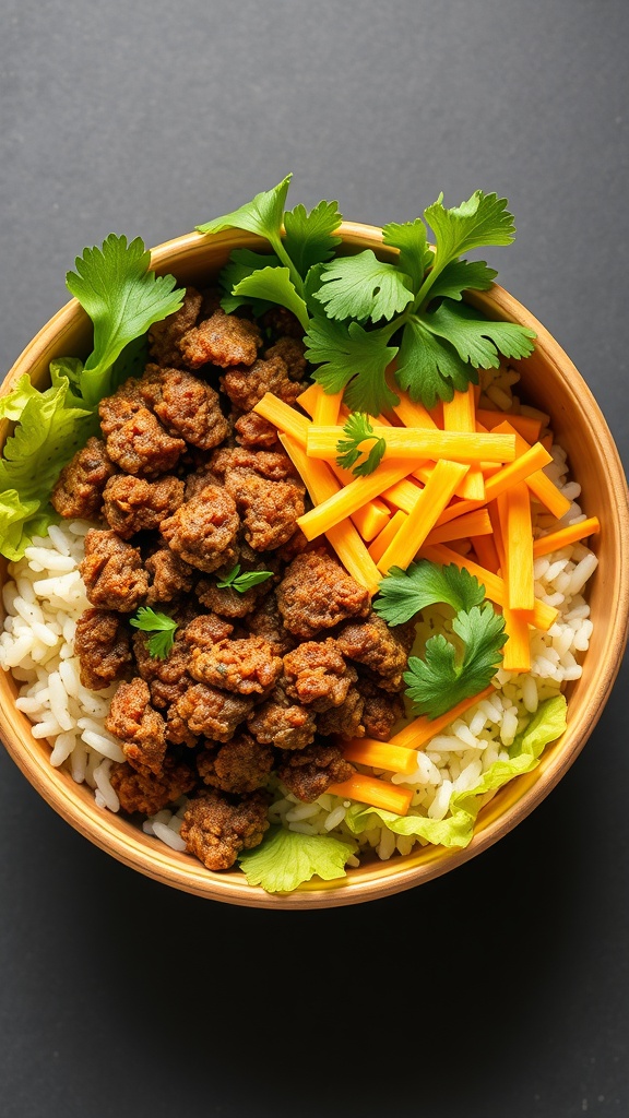 A colorful Taco Rice Bowl with ground beef, rice, shredded carrots, and fresh greens.
