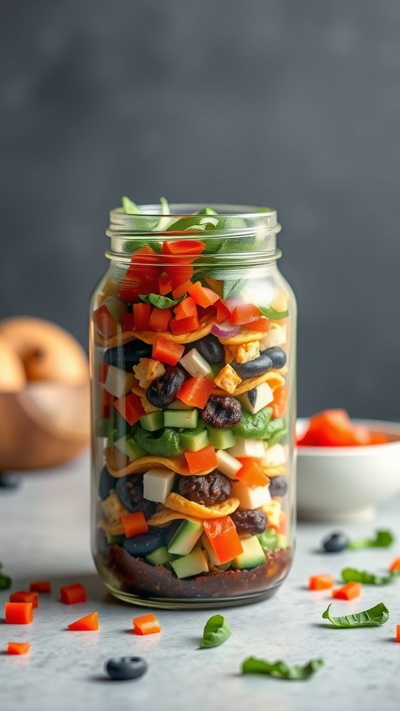 A colorful taco salad layered in a jar with black beans, corn, tomatoes, and crunchy toppings.