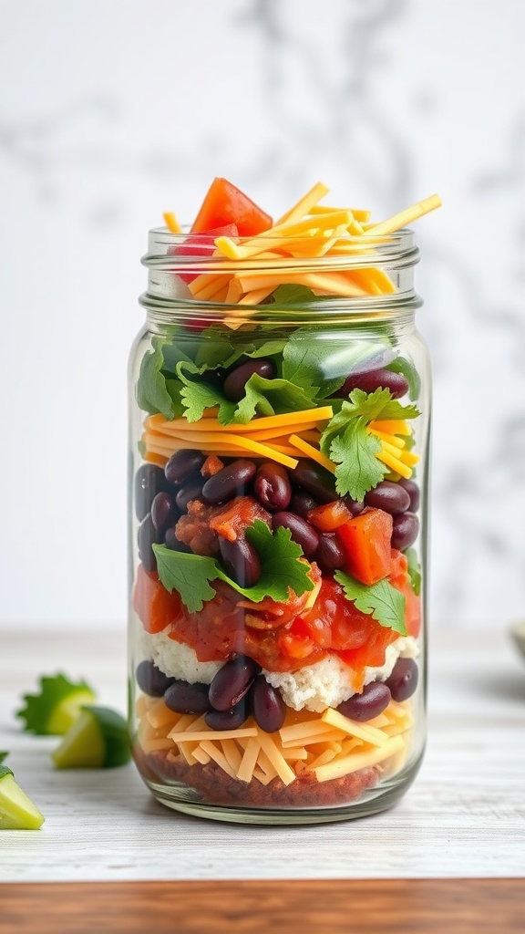 Taco salad layered in a jar with beans, cheese, and fresh vegetables.
