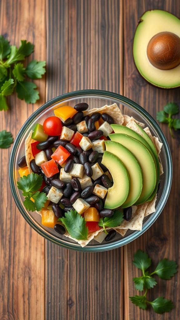 A colorful taco salad with black beans, avocado, and fresh vegetables in a glass bowl.