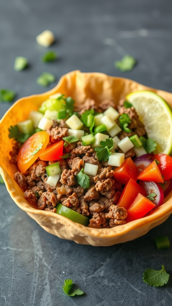 A vibrant taco salad with ground beef in a taco shell, topped with fresh vegetables.