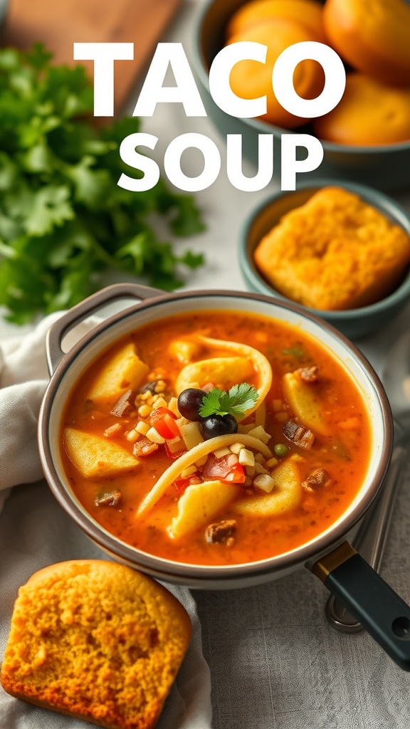 A bowl of taco soup with cornbread muffins on the side