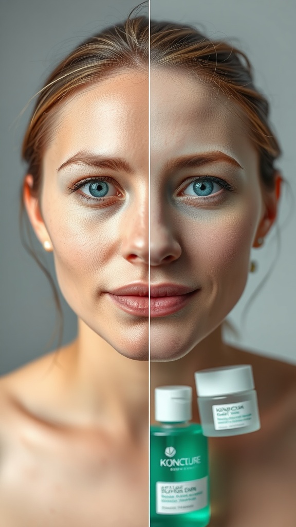 A split image showing a woman with two different skin conditions. On the left, her skin appears hydrated and radiant, while on the right, it looks dry. There are skincare products from KONCTURE in the foreground.