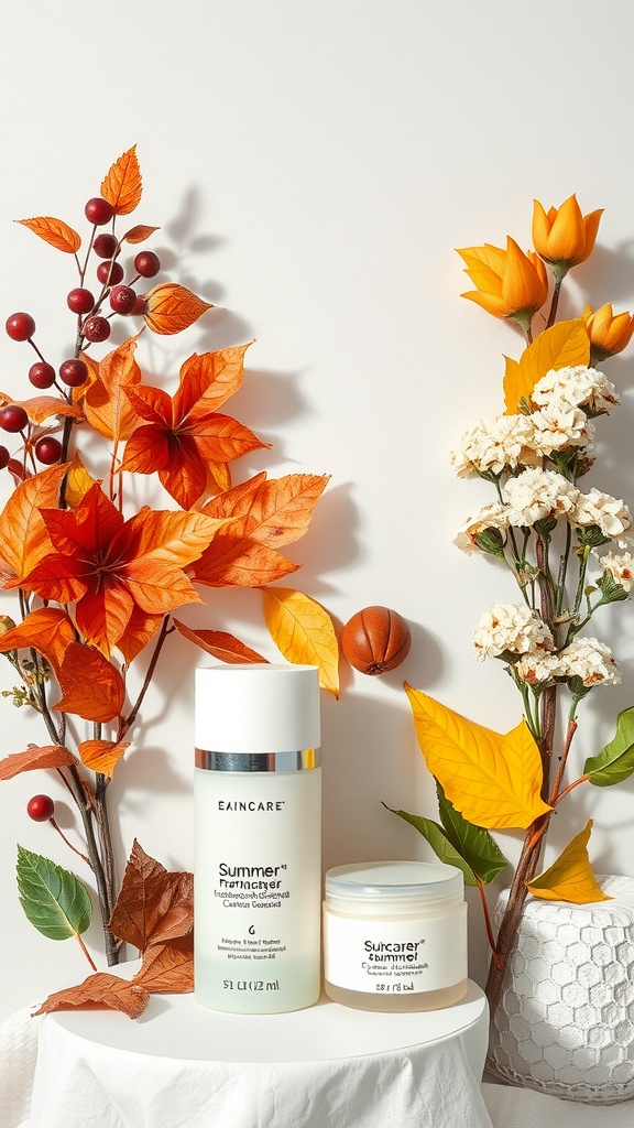 Skincare products displayed with autumn leaves and flowers.