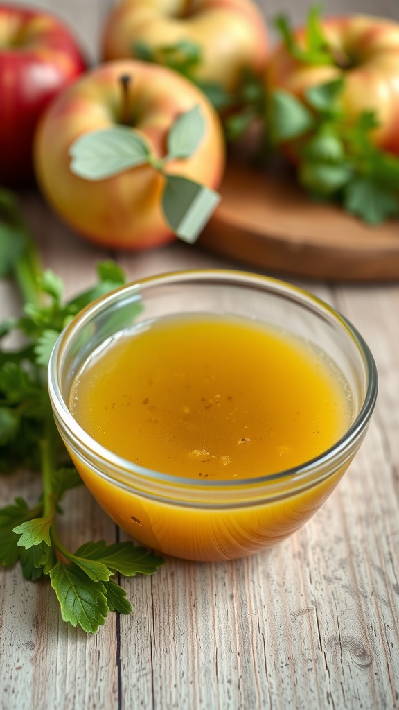 A bowl of tangy apple cider vinaigrette surrounded by fresh apples and herbs.