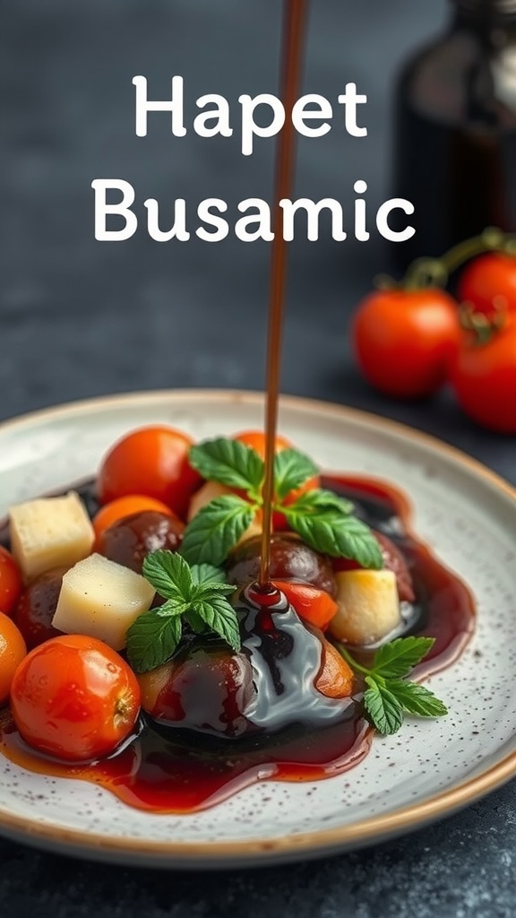 A plate with vegetables garnished with a balsamic reduction.
