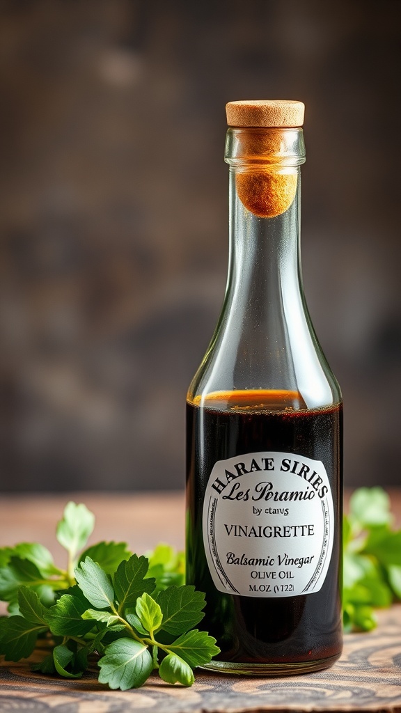 Bottle of balsamic vinaigrette with fresh herbs