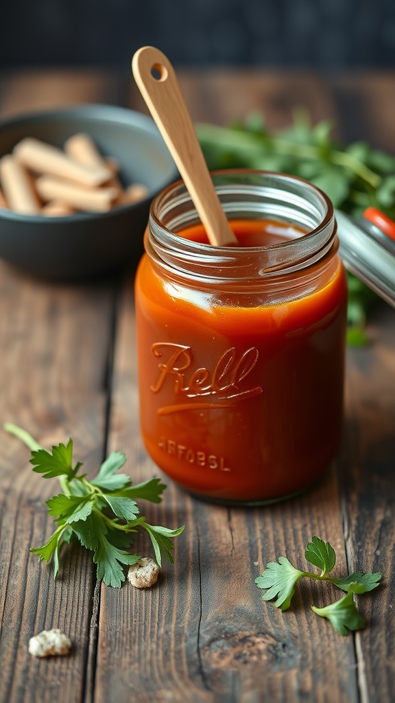 A jar of homemade barbecue sauce with herbs on a wooden table.