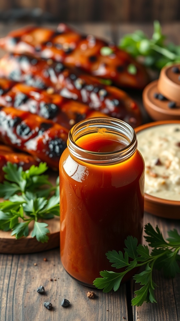 A jar of tangy barbecue sauce with honey surrounded by fresh herbs and grilled meat.