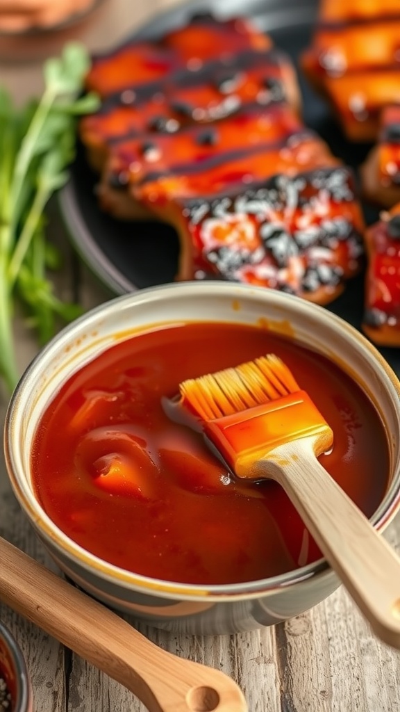 A tangy BBQ glaze in a bowl with a brush, ready for grilling.