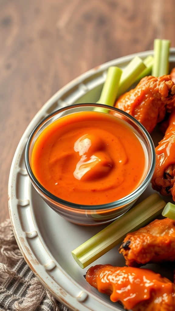 A bowl of tangy buffalo wing sauce served with chicken wings and celery.