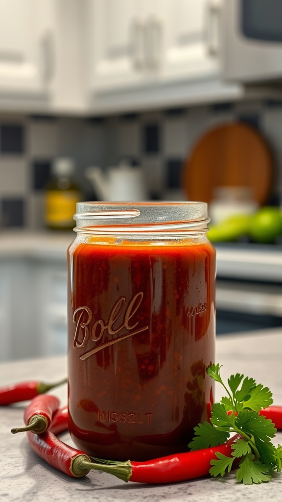 A jar of tangy chipotle sauce with fresh ingredients around it.
