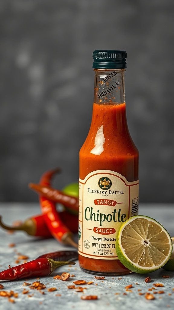 A bottle of tangy chipotle sauce with lime and chili peppers