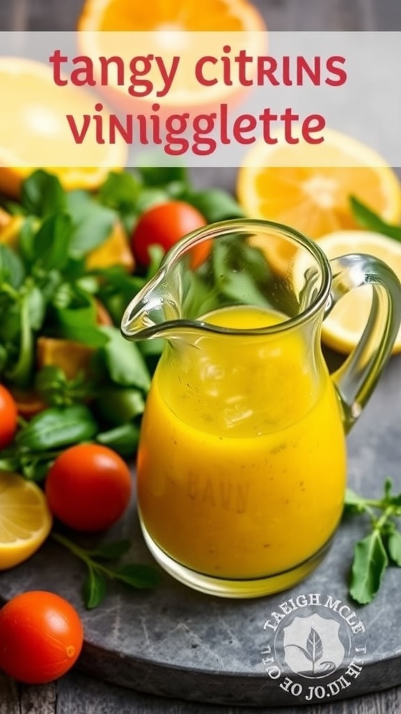 A jar of tangy citrus vinaigrette with fresh ingredients around it.