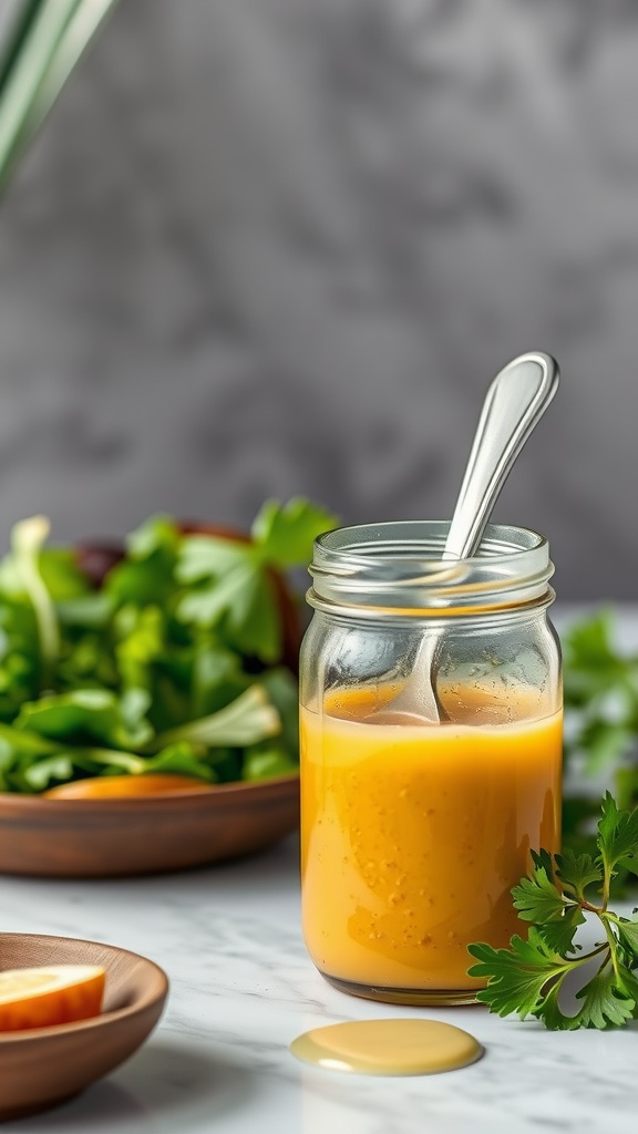 Homemade Tangy Honey Mustard Dressing in a jar with fresh ingredients