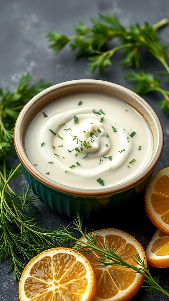 A bowl of creamy lemon-dill sauce garnished with herbs, surrounded by fresh lemons.