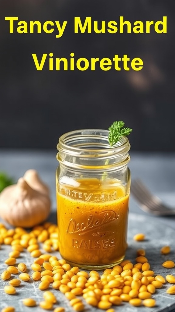 A jar of tangy mustard vinaigrette surrounded by mustard seeds and garlic.